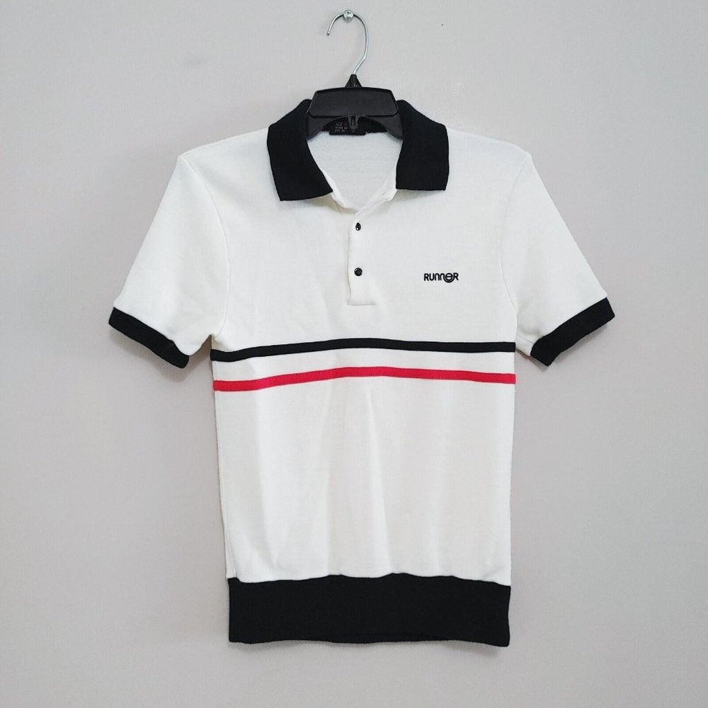 Vintage 80s Runner Acrylic Polo Shirt Men's Size Small White Blue Shirt